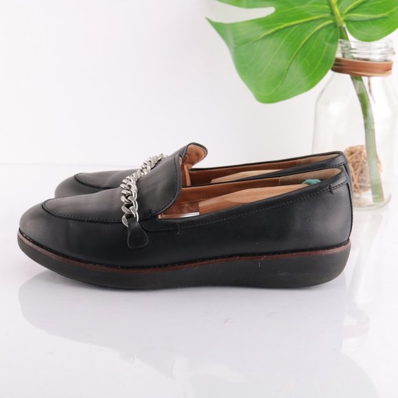 Fitflop Petrina Chain Loafer Platfrom Slip On Women 9 Black Leather Comfy Toning - Picture 8 of 14